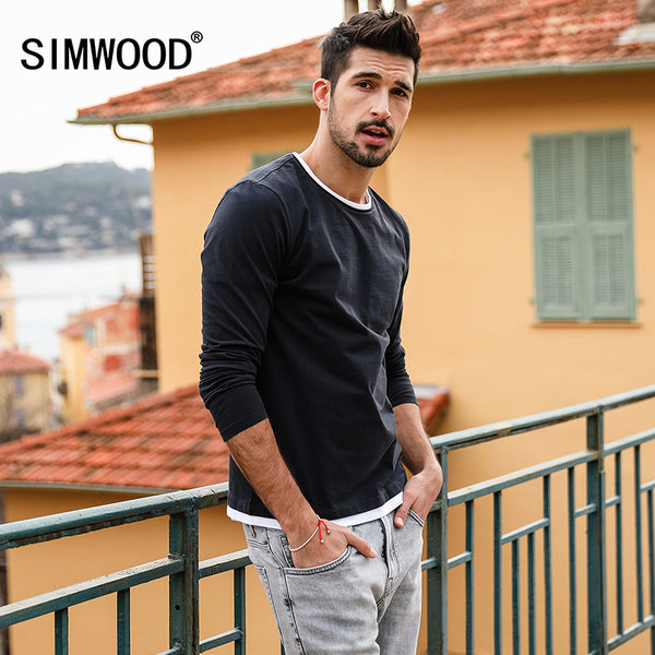 SIMWOOD 2018 Autumn New Fake Double Layered T-Shirt Men