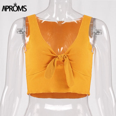 Aproms Ribbed Bow Tie Camisole Tank Tops Women Summer Basic Crop Top Streetwear Fashion 2018 Cool Girls Cropped Tees Camis - nexusfitness
