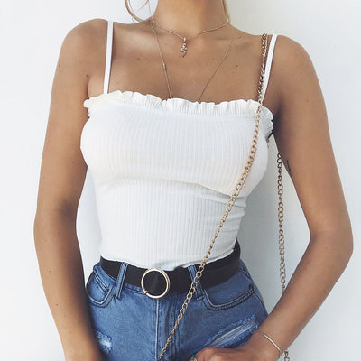 New Fashion 2018 sexy tops for women Summer Casual Sleeveless Ruffles Off Shoulder crop Halter Solid Tank Tops in White - nexusfitness