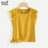 Dotfashion Knot Side Pearl Beaded Detail Top 2018 Summer Round Neck Elegant Tank Women Ginger Plain Contrast Lace Tank Top - nexusfitness
