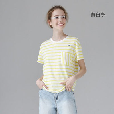 Toyouth Striped Cotton Summer T-Shirt Embroidery Short Paragraph Tshirt Women Tops Casual Pocket Short Sleeve Tee Shirt Femme - nexusfitness
